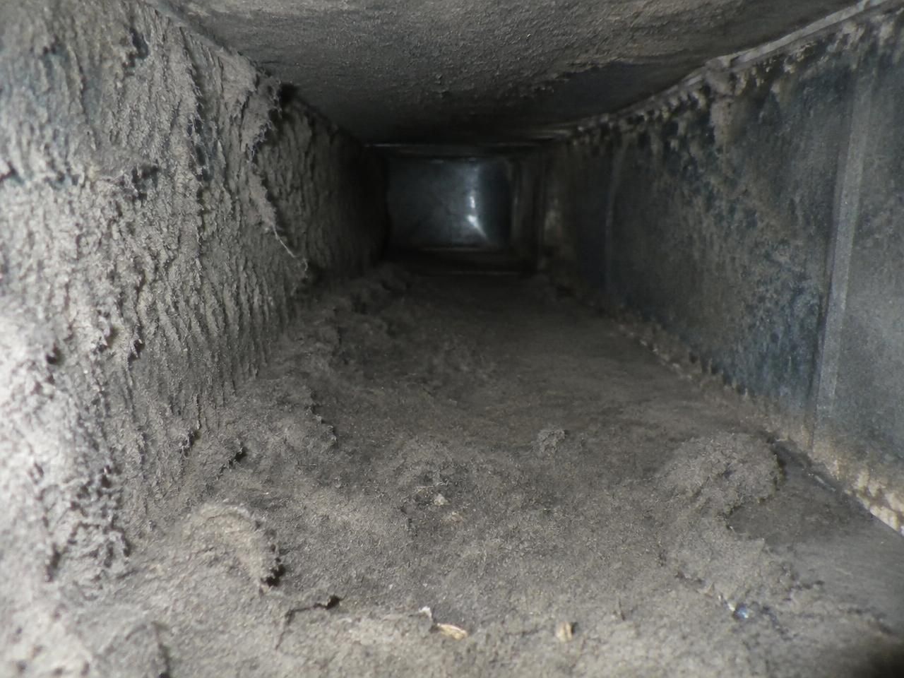 Air duct interior before cleaning, the sheet metal carpeted in grey dust